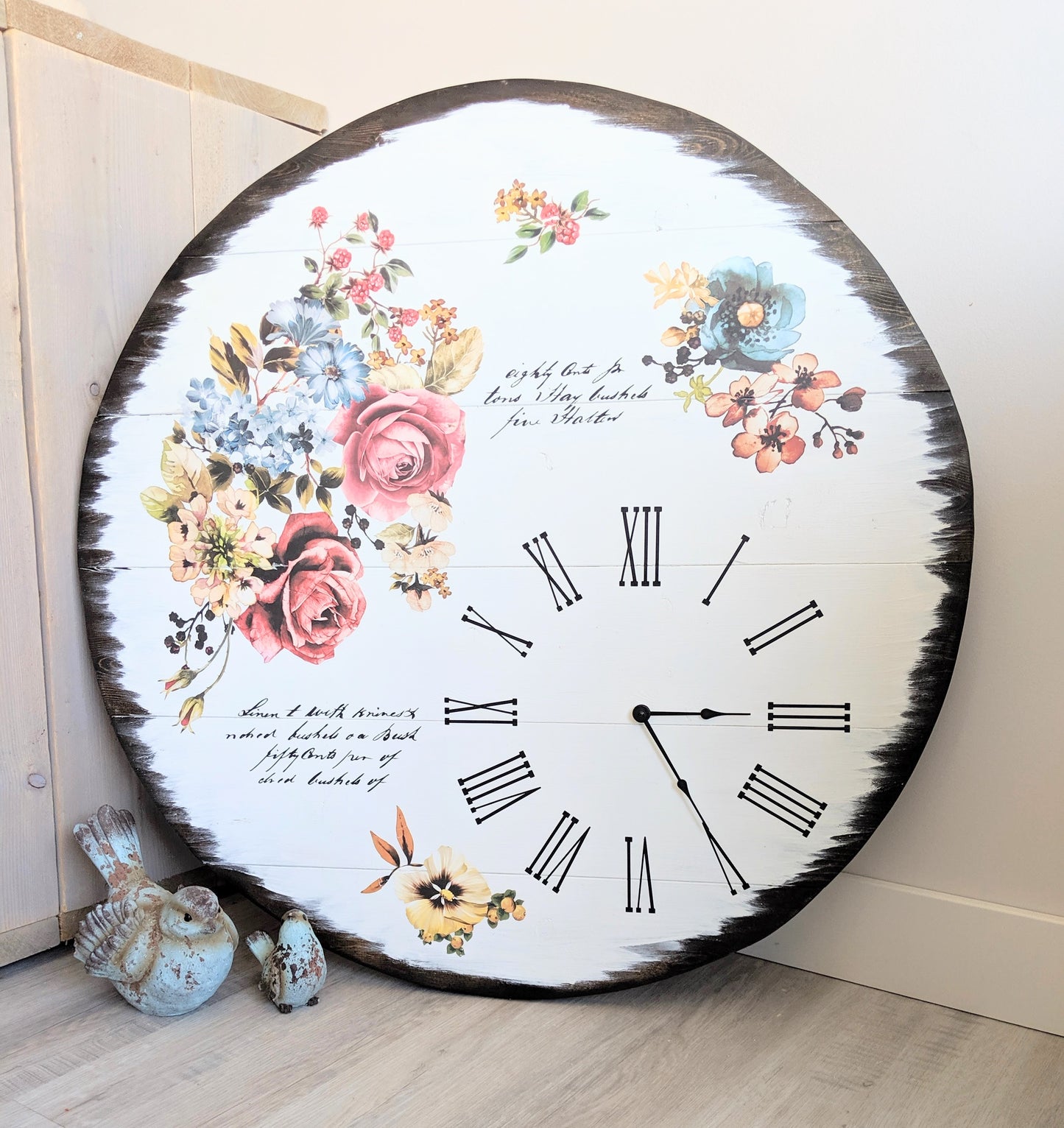 Wooden clock With Floral Transfers