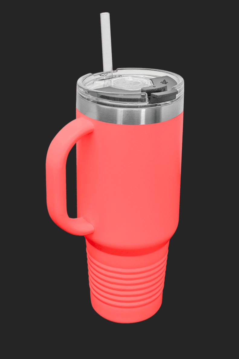 A red 40 oz thermal cup with a clear lid and a metal handle.