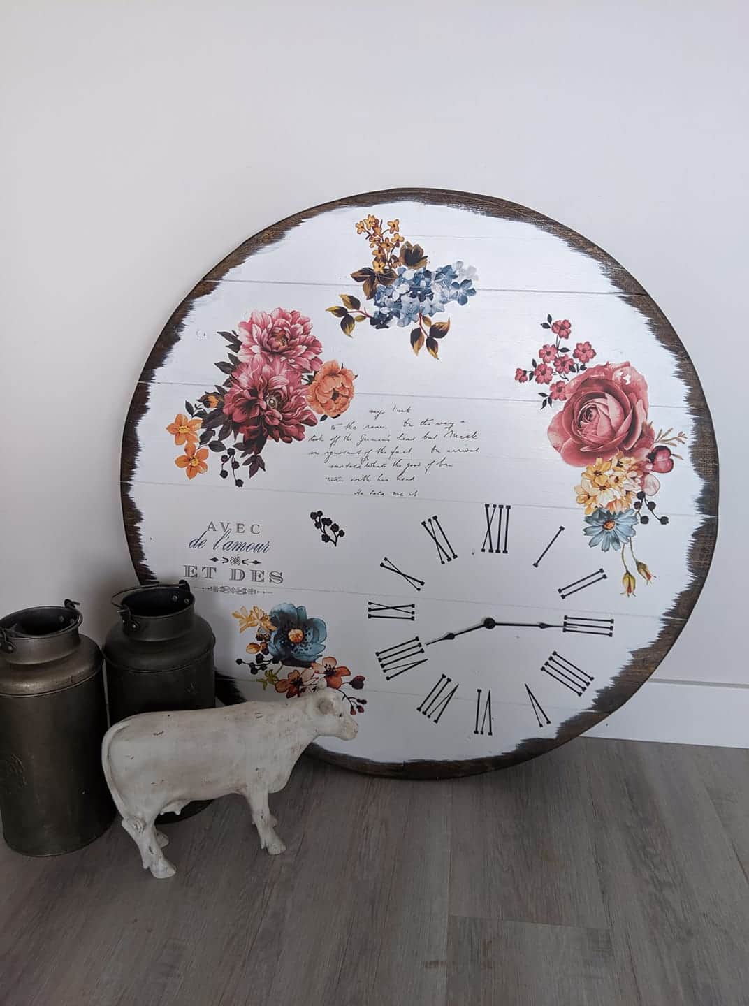 Wooden clock With Floral Transfers