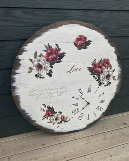 Wooden clock With Floral Transfers