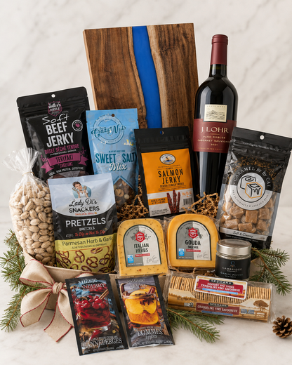 A gourmet gift basket filled with snacks, cheeses, crackers, and a bottle of red wine, arranged on a white marble surface with pine branches, a wooden board, and a ribbon bow.